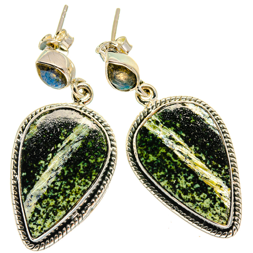 Teardrop gemstone earrings in 925 sterling silver, green cabochons with blue accents