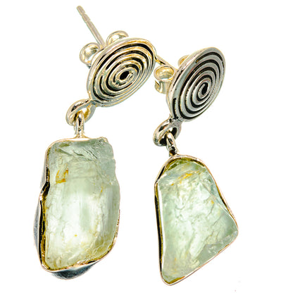 Rough prehnite earrings with spiral sterling silver studs and green rough stone dangles