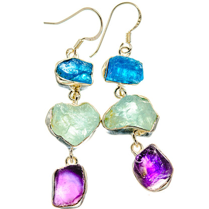 Sterling silver dangle earrings with blue top, mint green heart, and amethyst bottom