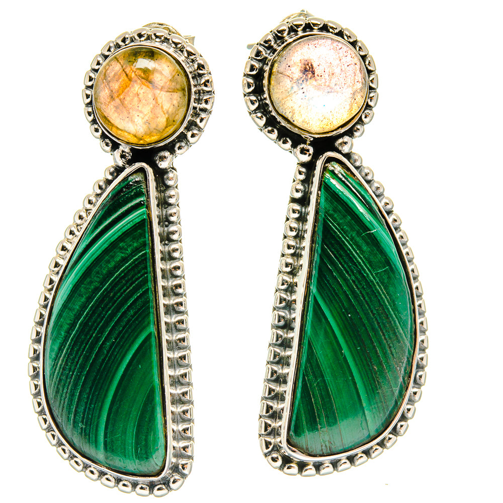 Sterling silver drop earrings with round labradorite stones and green malachite teardrops