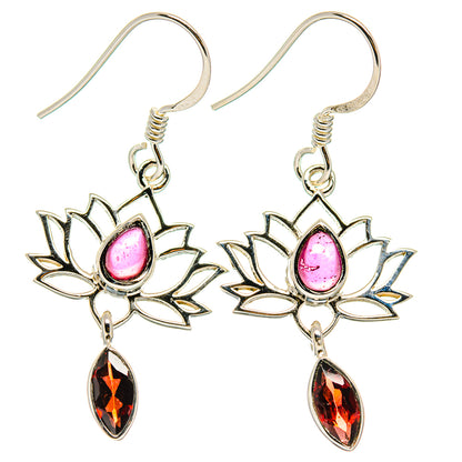 925 sterling silver garnet flower earrings, pink center with orange-red teardrop dangles
