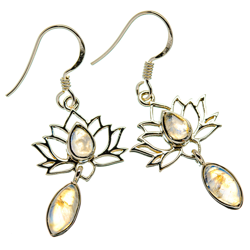 Silver lotus drop earrings with rainbow moonstone cabochons and teardrop stones.