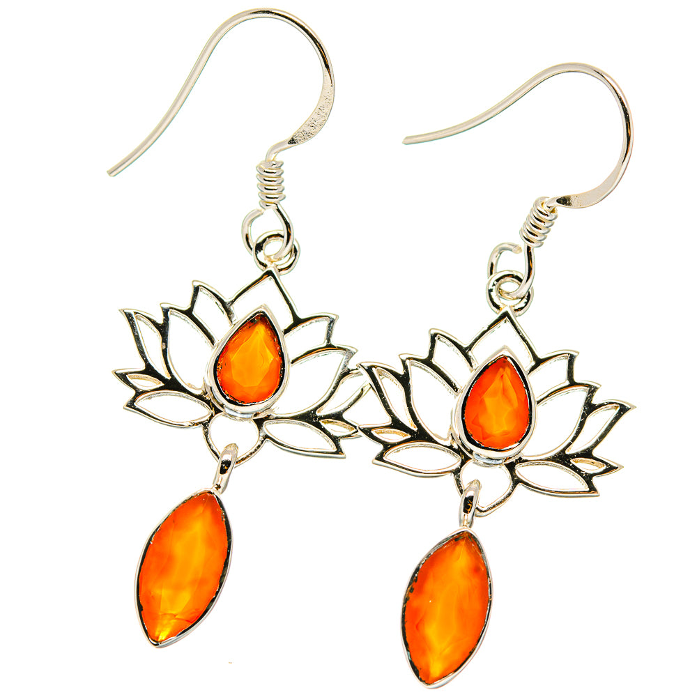 925 sterling silver lotus flower drop earrings with orange carnelian teardrops