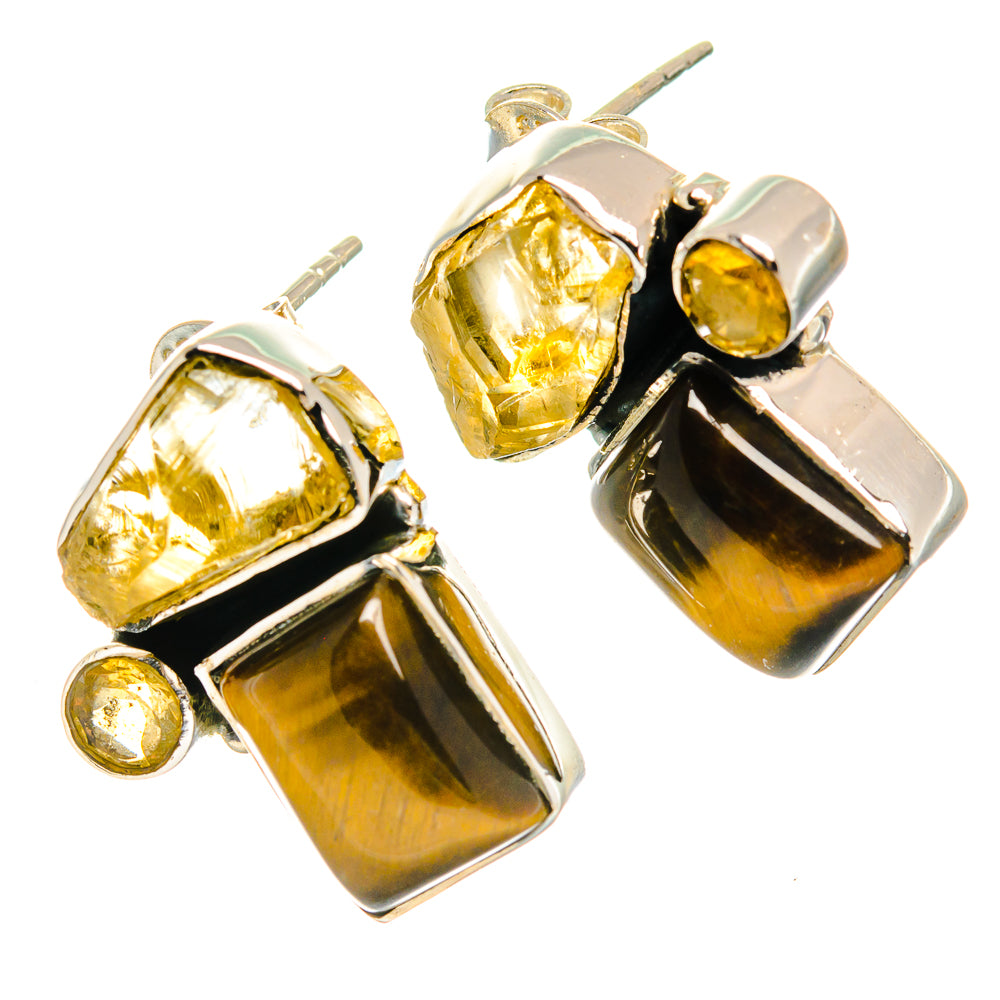 Tiger eye and citrine earrings, gold-toned square and round stones on silver posts