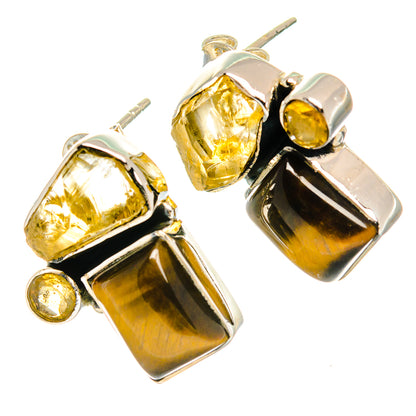 Tiger eye and citrine earrings, gold-toned square and round stones on silver posts