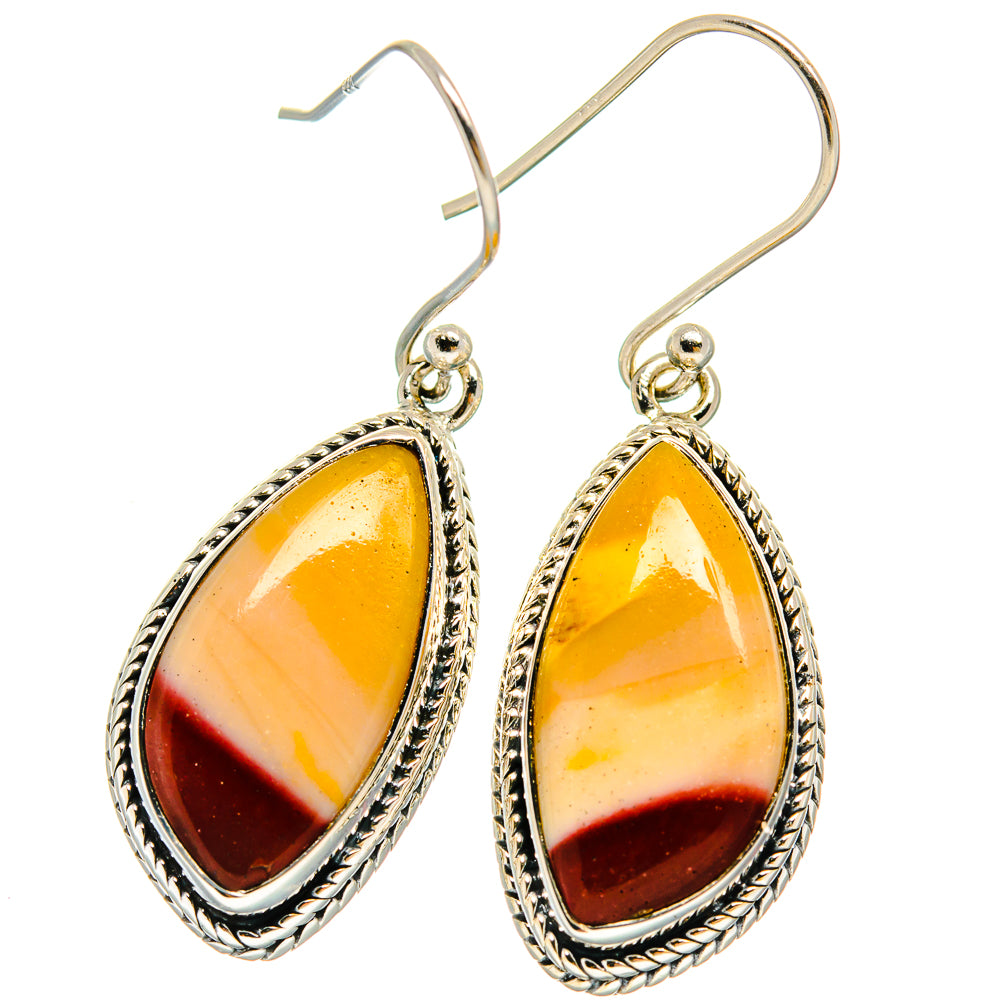 925 sterling silver teardrop mookaite earrings, yellow-orange stone with red band, fishhook