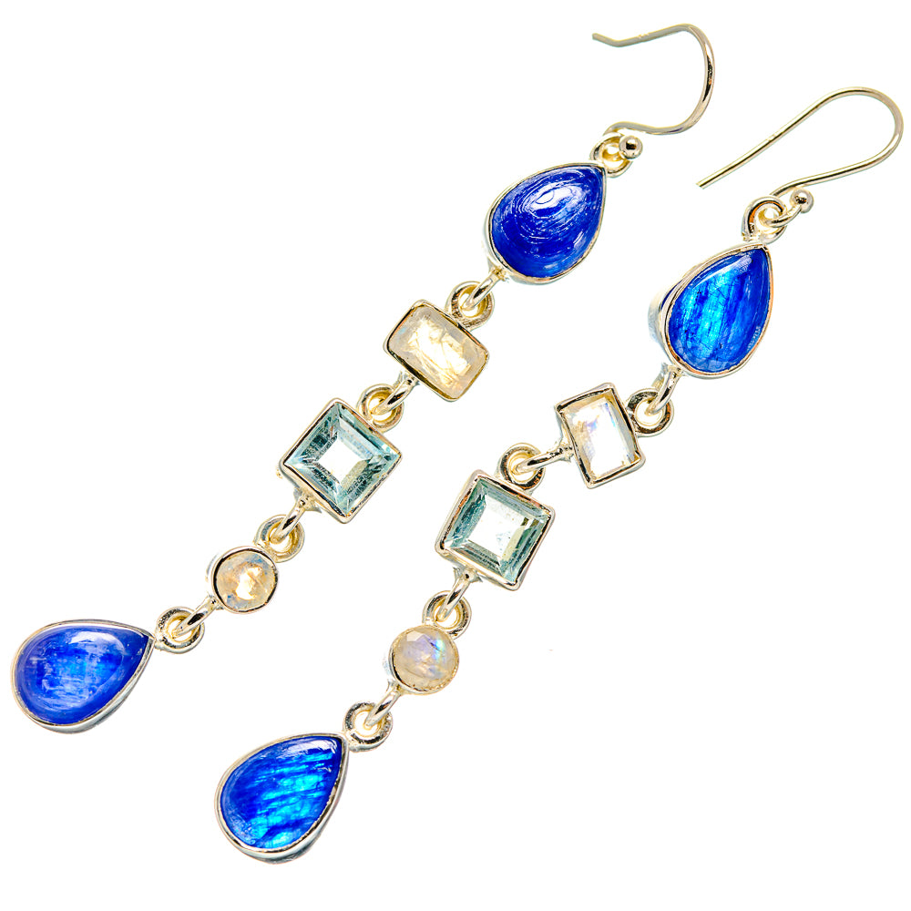 Blue and clear teardrop and square dangle earrings with metal hooks, gold-tone.