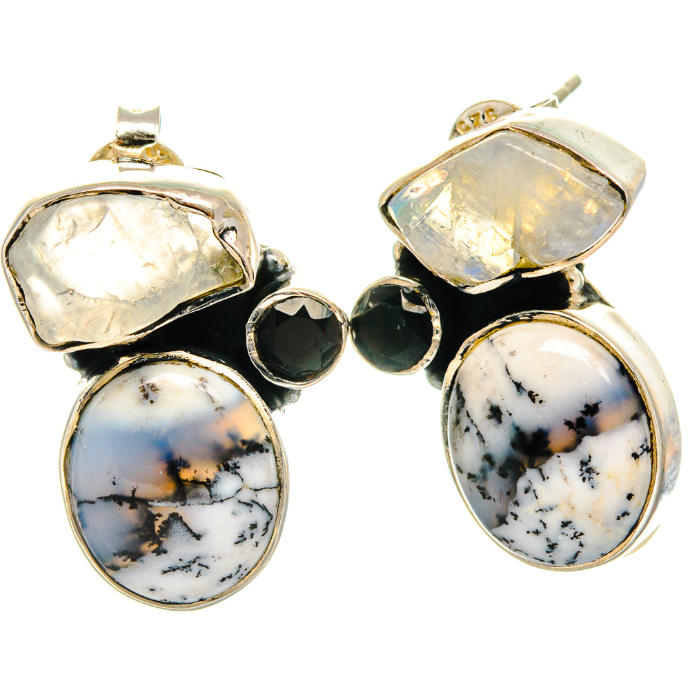 Dendritic Opal, Rainbow Moonstone, Black Onyx Earrings handcrafted by Ana Silver Co - EARR425458 - Photo 2