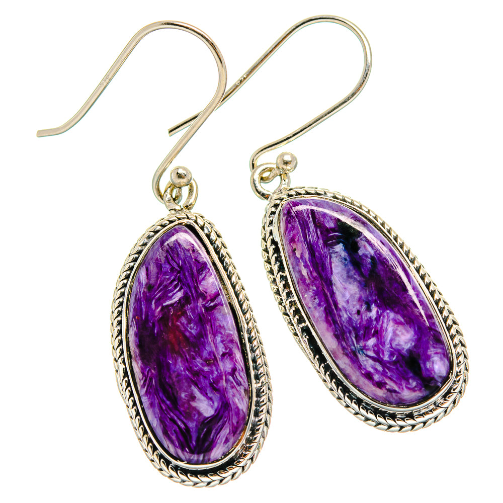 Charoite oval drop earrings, 925 sterling silver with twisted rope border and hanging hooks