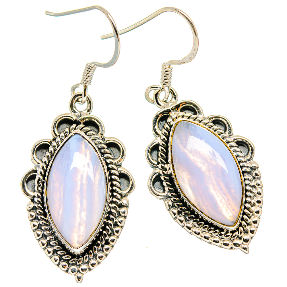 Oval blue lace agate drop earrings, sterling silver filigree setting with fishhook backs