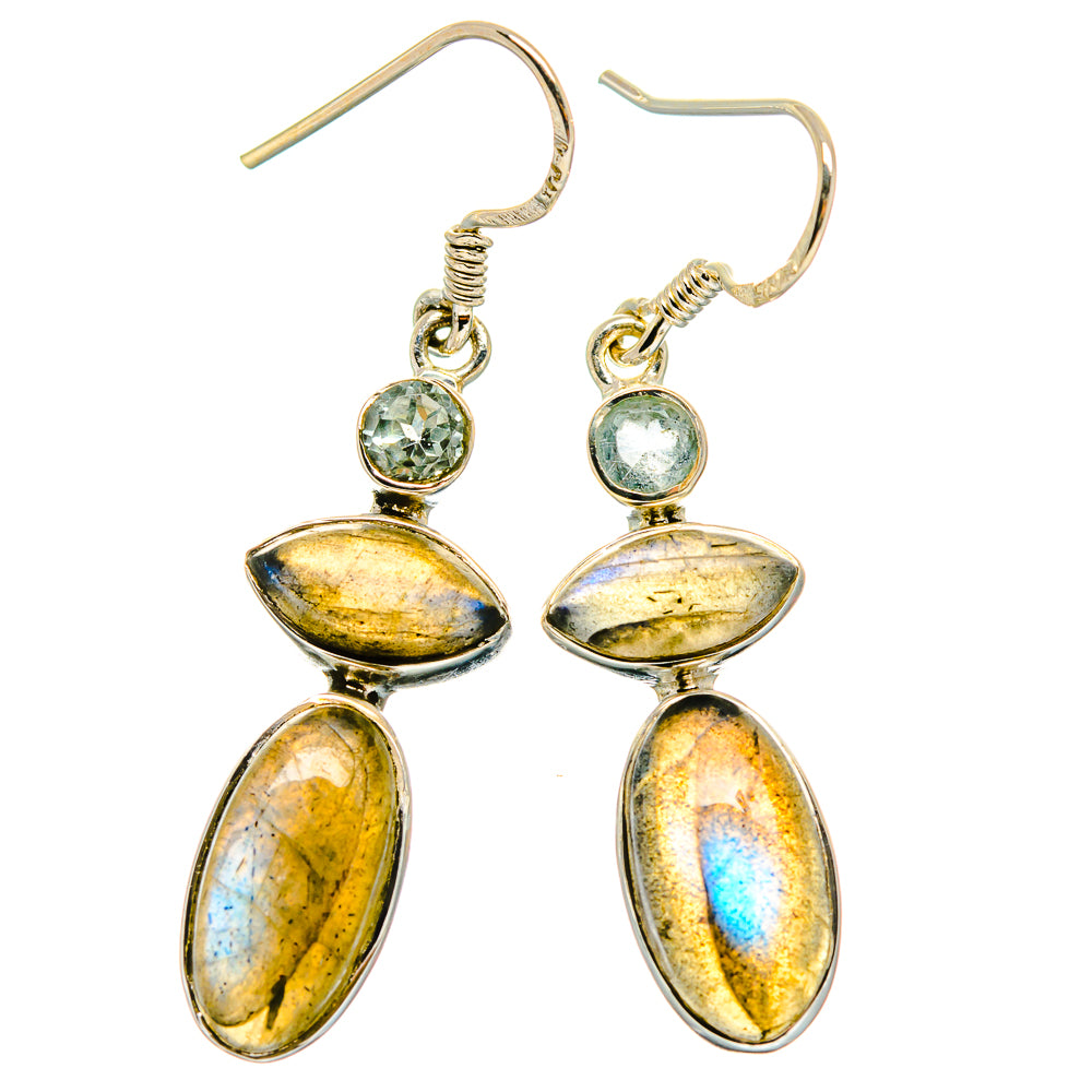 Silver-tone drop earrings with oval labradorite dangles and round blue gemstone tops