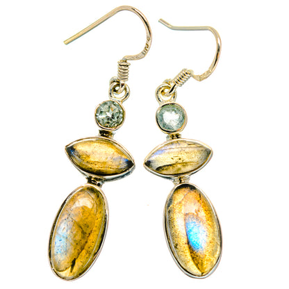 Silver-tone drop earrings with oval labradorite dangles and round blue gemstone tops