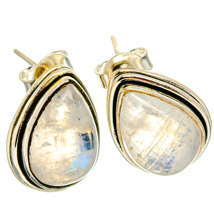 Teardrop moonstone stud earrings, 925 sterling silver settings with iridescent opal-like shine