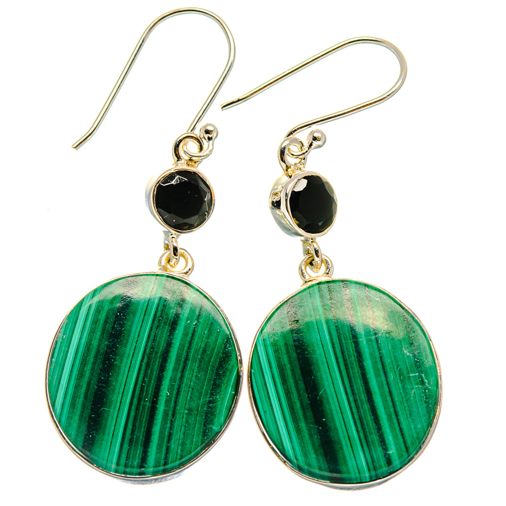 Round malachite and black onyx drop earrings, 925 sterling silver hooks
