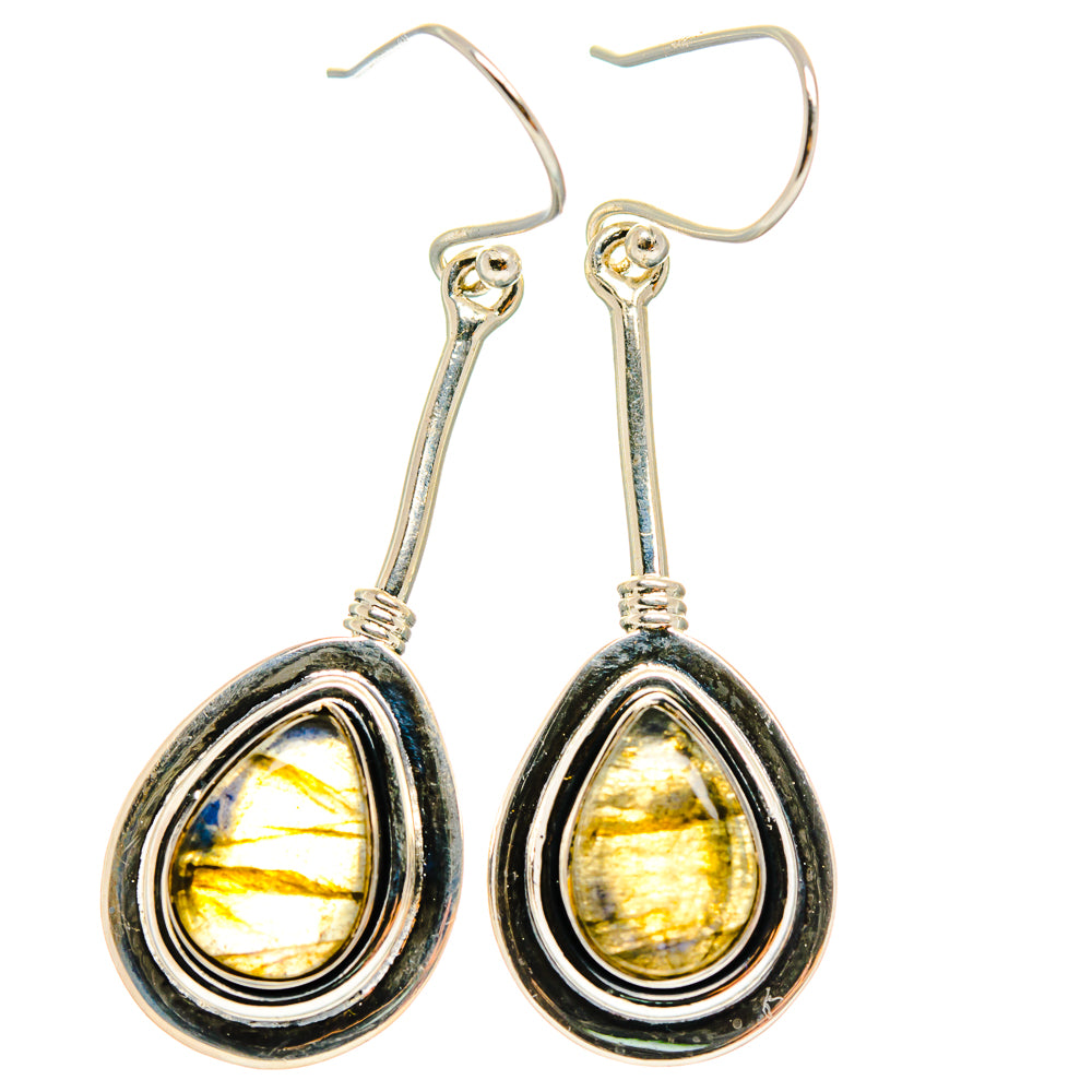 Sterling silver oval bezel earrings with yellow iridescent gemstone drops