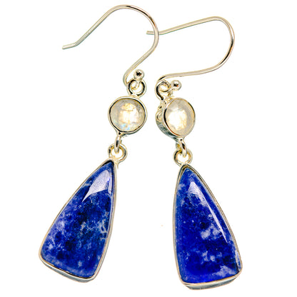 Blue sodalite teardrop dangle earrings with round rainbow moonstone cabochons, 925 silver
