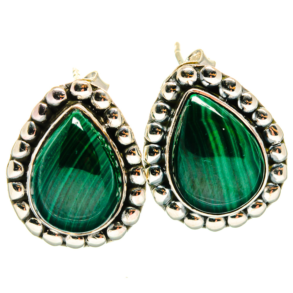 Teardrop malachite earrings in 925 sterling silver with beaded halo settings