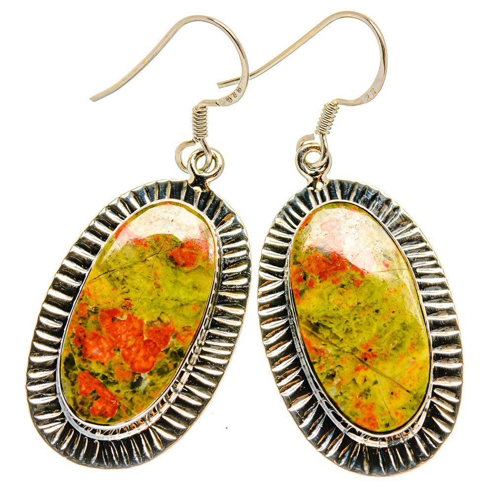 Pair of oval unakite and carnelian earrings, 925 sterling silver dangle with fishhooks