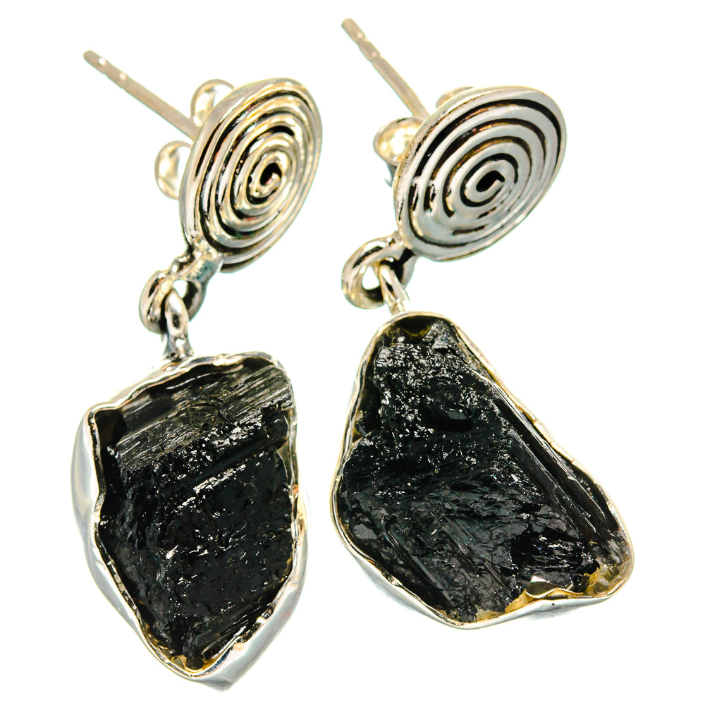 Tektite drop earrings: circular spiral sterling silver with black tektite pendant