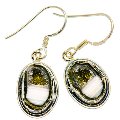 Oval coconut geode druzy earrings with gold-tone bezel, dark green stone and white band