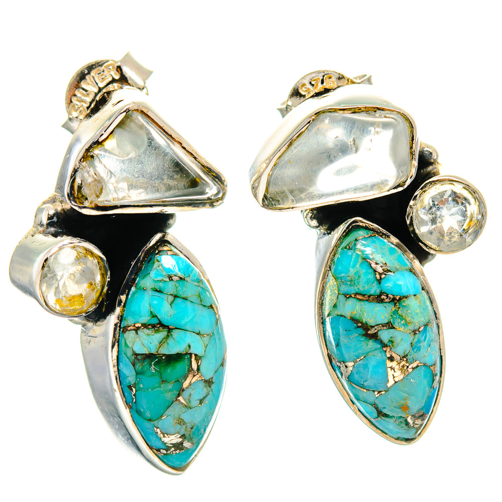 Sterling silver earrings with turquoise oval cabochon drops and clear teardrop stones