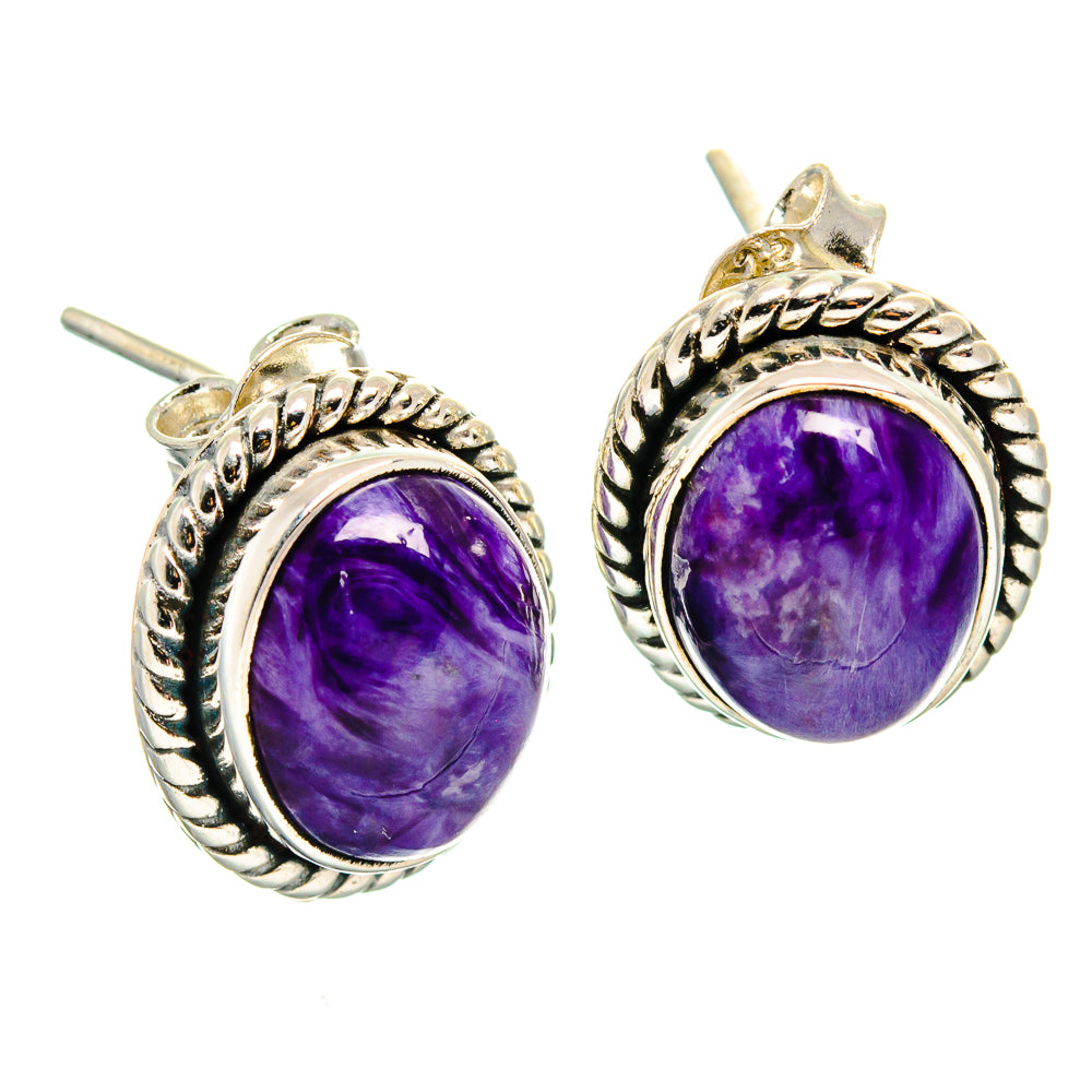 Oval purple charoite stud earrings with rope bezel and 925 sterling silver posts