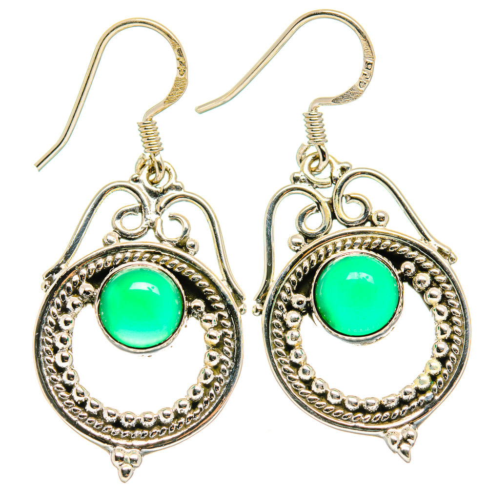 Green onyx drop earrings with ornate silver bezel and hook backs