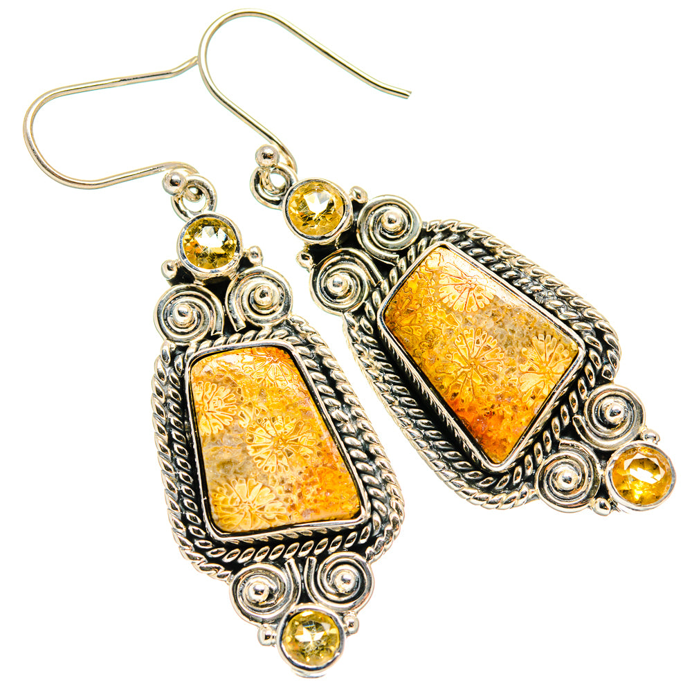 925 sterling silver drop earrings with rectangular amber-like stones and round citrine dangles