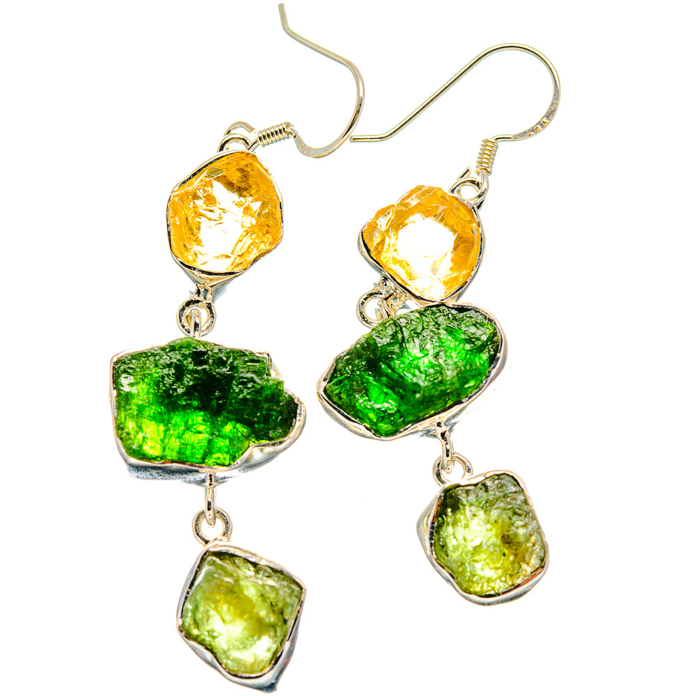 Citrine & peridot drop earrings with silver hooks, bezel-set yellow and green stones