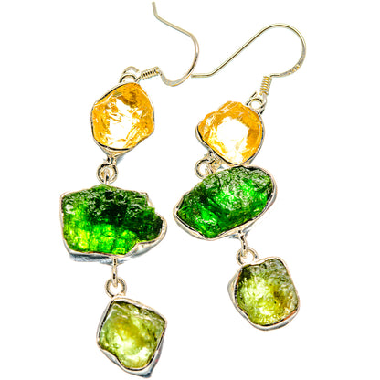 Citrine & peridot drop earrings with silver hooks, bezel-set yellow and green stones
