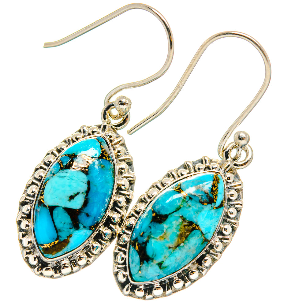 Turquoise oval stone drop earrings, 925 sterling silver with detailed border and fishhook