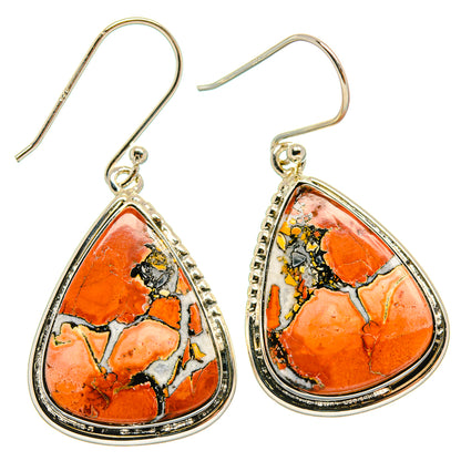 Orange mookaite teardrop earrings with black veining, sterling silver fishhook style