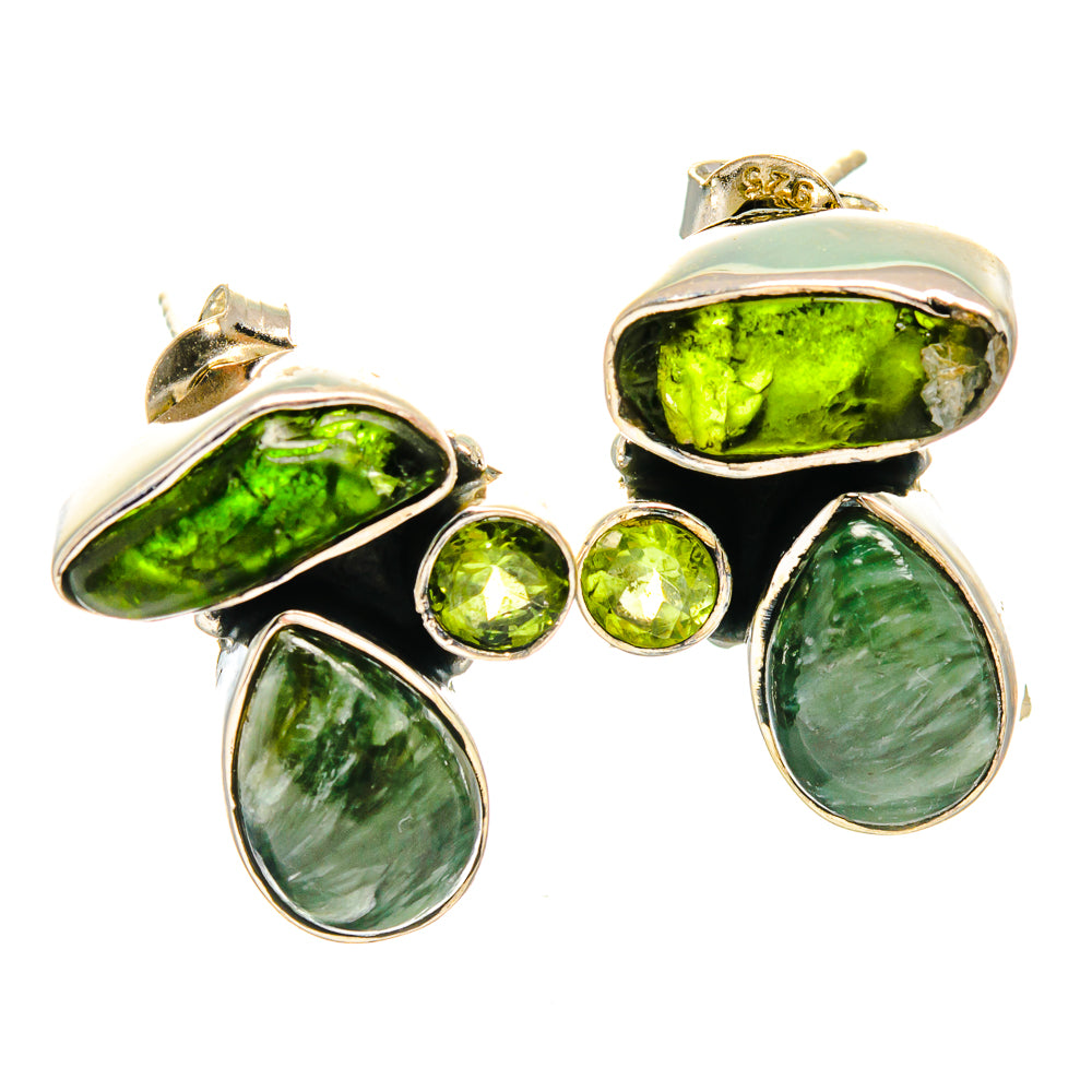 925 sterling silver gemstone earrings with green teardrop and round stones, bezel-set.