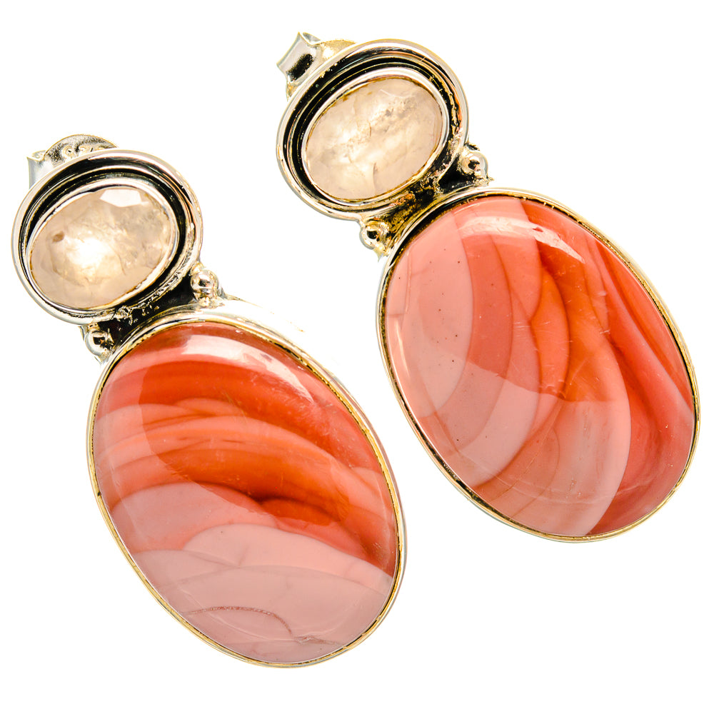 Oval pink and peach gemstone drop earrings with gold-tone bezel and silver hooks