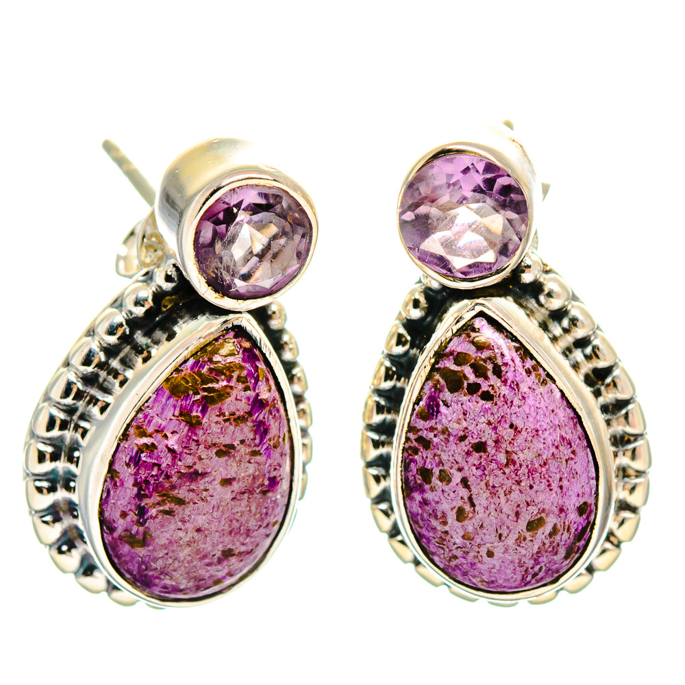 925 sterling silver earrings with round amethyst tops and purple teardrop drops