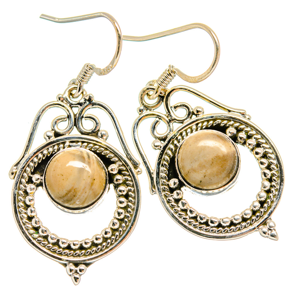 Silver-tone round cabochon jasper drop earrings, ornate beadwork, fishhook backs