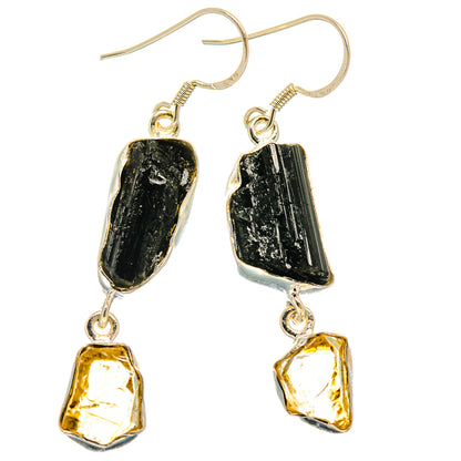 Tektite and citrine drop earrings, black tektite drops with faceted yellow citrine