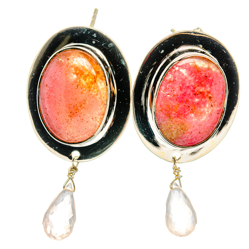 Pink thulite cabochon earrings, 925 silver with black oval settings and pink teardrop drops