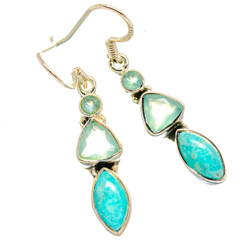 Dangling 925 sterling silver earrings with aqua drop and triangular stones on hooks
