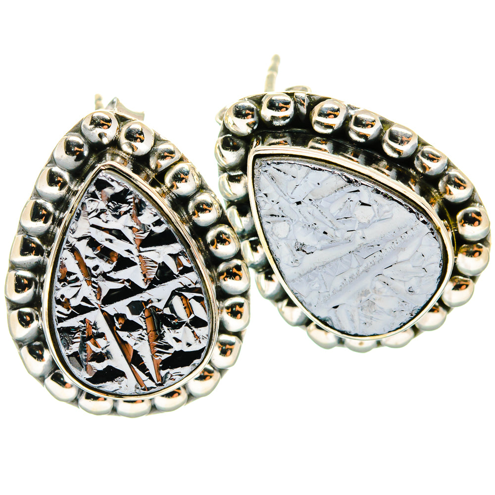Teardrop shungite earrings in silver-tone bezel with beaded border, 3/4 inch