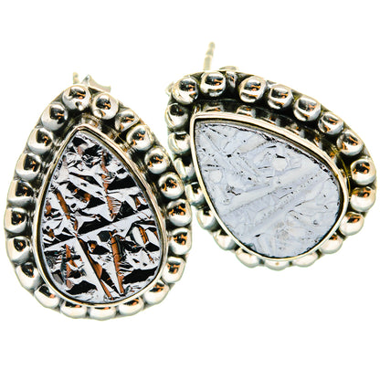 Teardrop shungite earrings in silver-tone bezel with beaded border, 3/4 inch