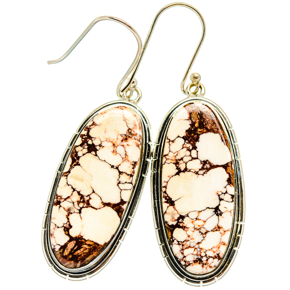 Pair of oval jasper drop earrings with cream and brown veined stone in 925 silver