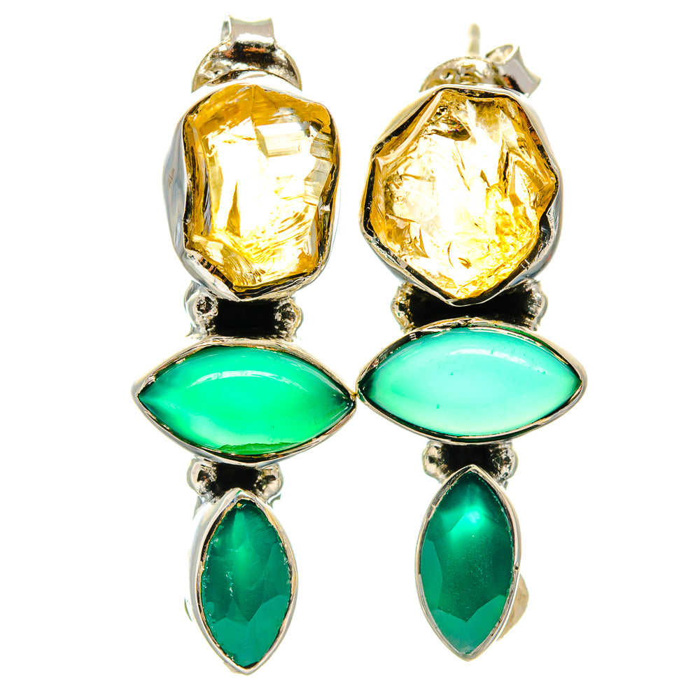 Pair of sterling silver drop earrings with rough citrine stones and green onyx ovals and teardrops