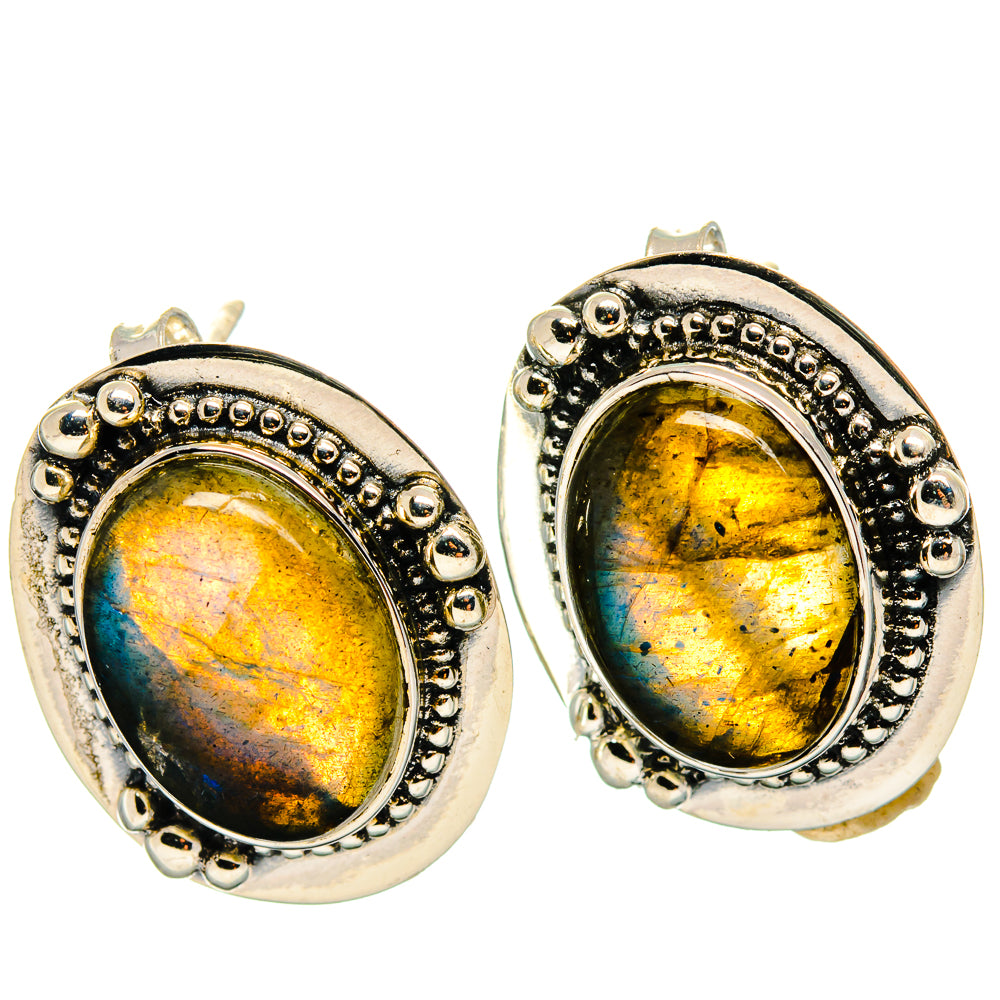 Oval labradorite stud earrings in silver-tone bezel with beaded border, yellow-gold flash
