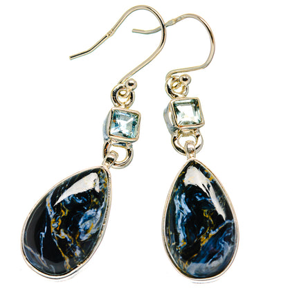 Sterling silver drop earrings with blue topaz square and blue pietersite teardrops
