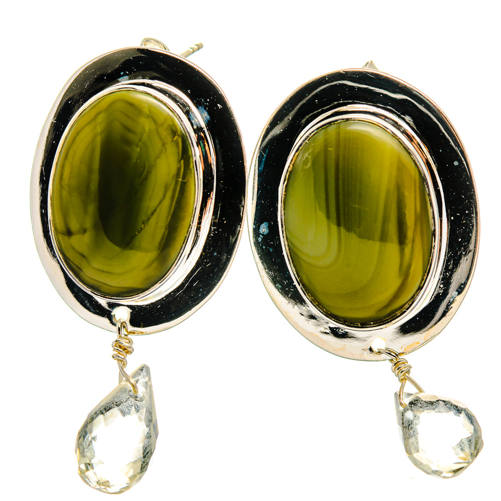 Pair of oval olive green gemstone earrings with silver setting and clear quartz drop charms