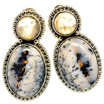 Silver drop earrings with round iridescent moonstone tops and oval dendritic opal