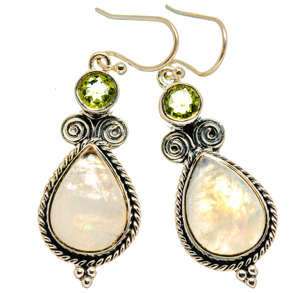 Sterling silver dangle earrings with green peridot and pearly teardrop moonstone