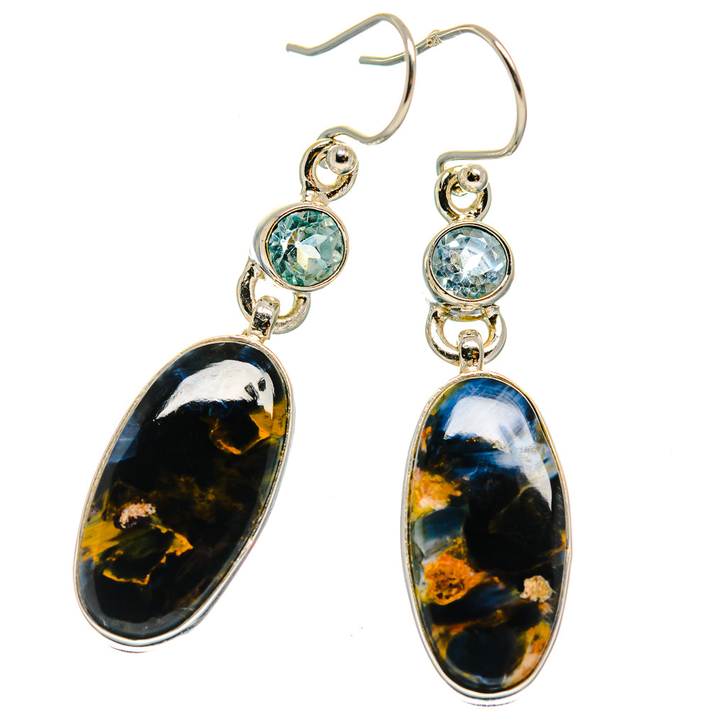Sterling silver earrings with oval pietersite drops and round blue gemstones, lever backs
