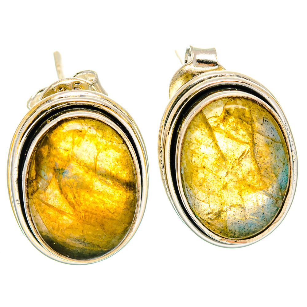 Oval labradorite earrings with polished 925 sterling silver bezel settings, pair view